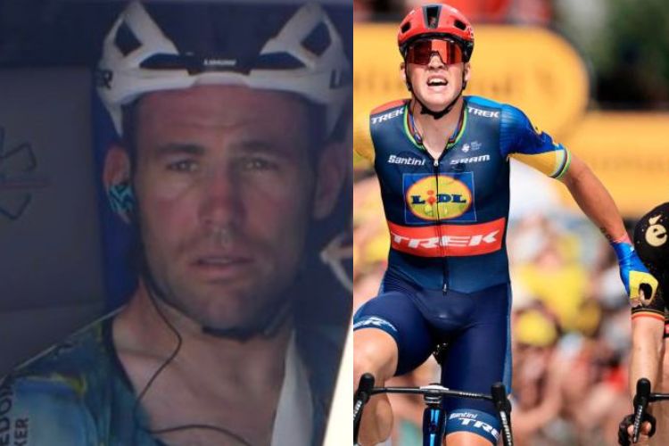 Mark Cavendish, corredor retirado y Mads Pedersen ganador de la etapa 8; fotos tomadas de Twitter