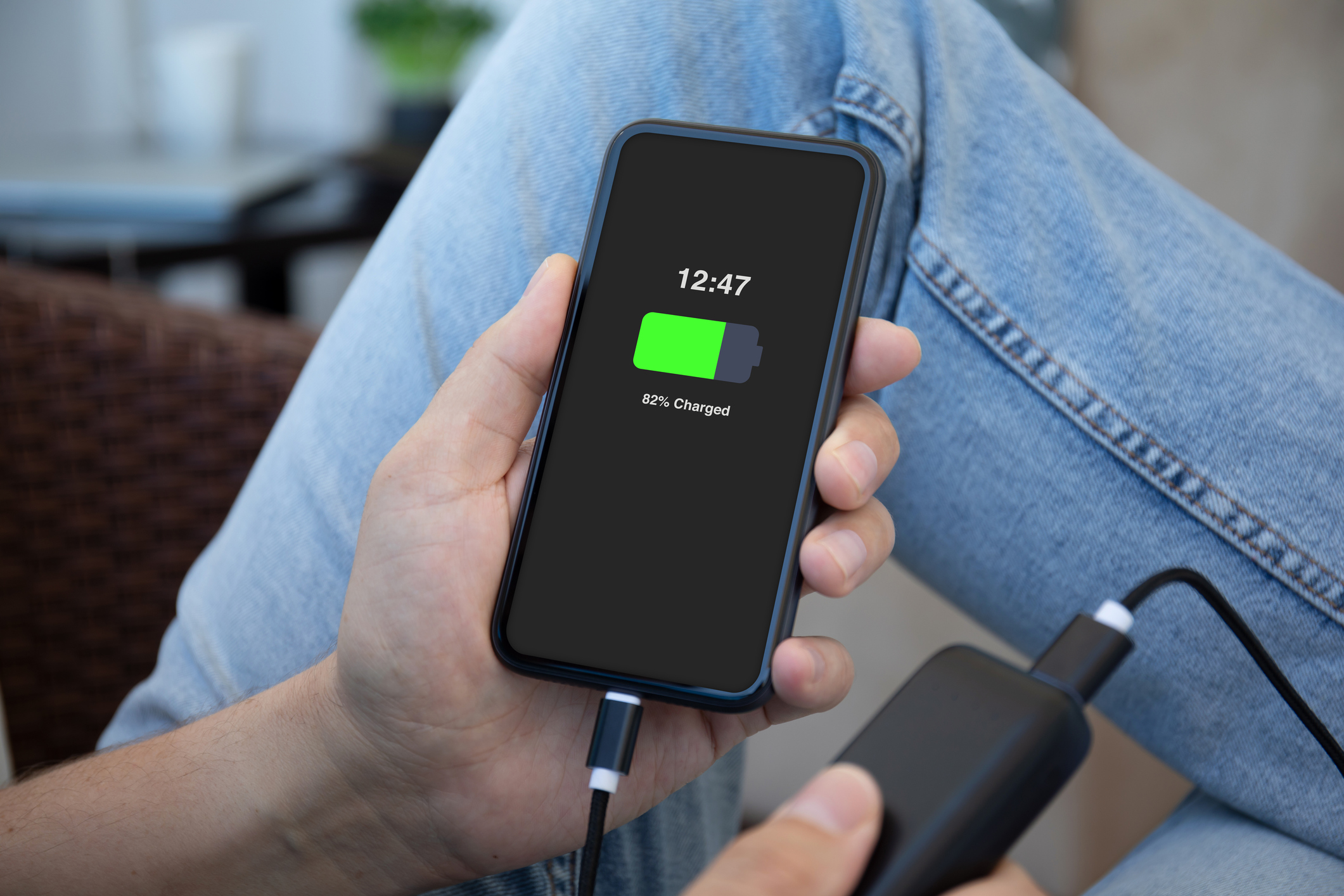 Man hands holding phone charged battery connected to powerbank charge