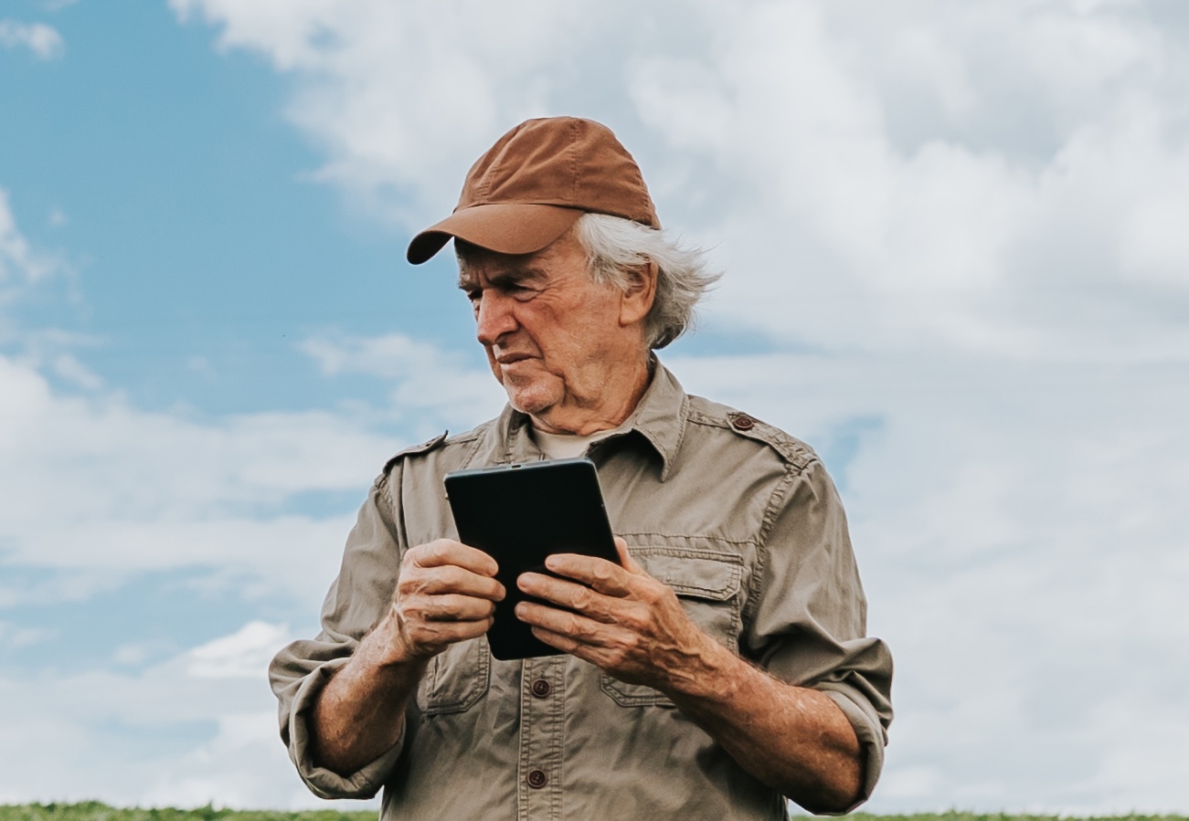 Farmer inspecting soybean plantation