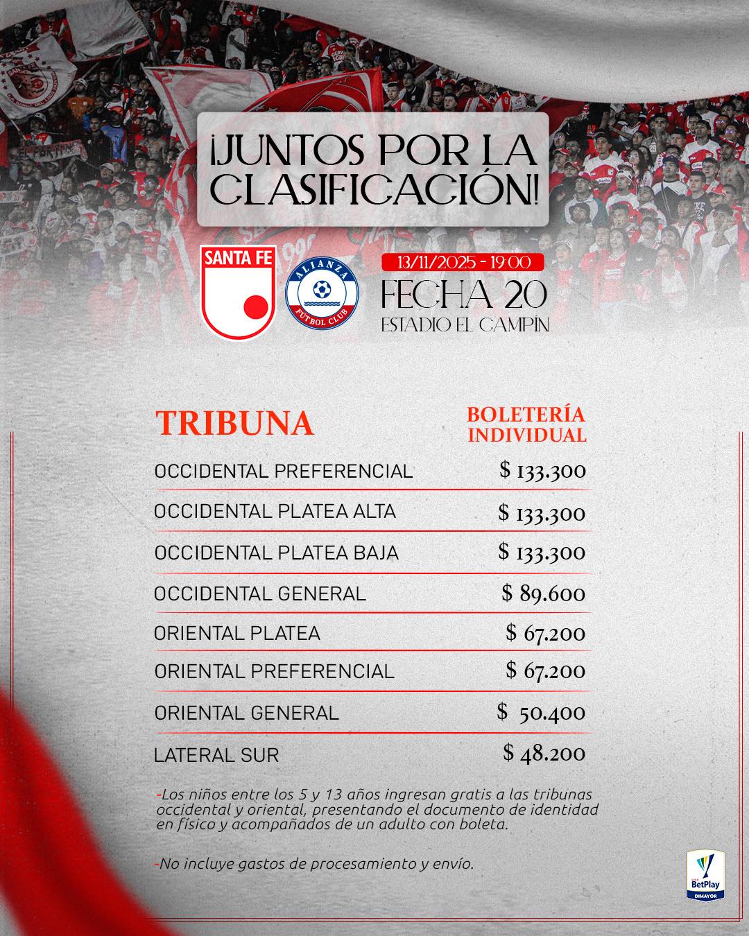 ¡Santa Fe alista su fiesta en El Campín con precios definidos para enfrentar a Alianza Valledupar!