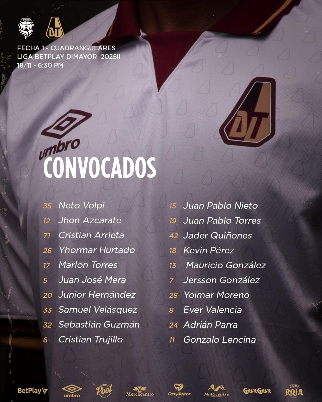 Oficial: Convocatoria Tolima para enfrentar a Fortaleza