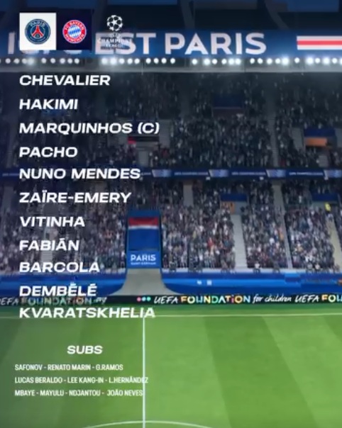 El PSG confirms su nómina titular para enfrentar al Bayern Múnich