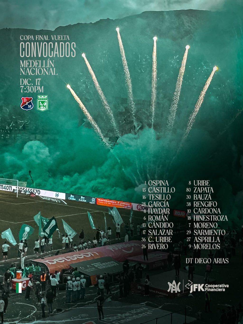 Oficial: Convocados de Nacional ante Medellín para la final de vuelta en Copa BetPlay