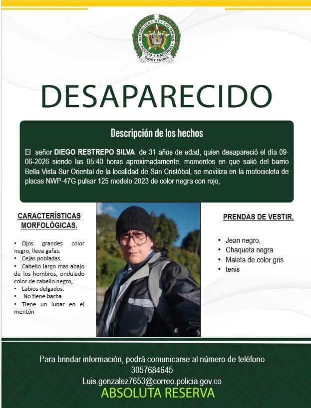 Salió a trabajar en moto y no regresó: familia busca desesperadamente a Diego Restrepo Silva.