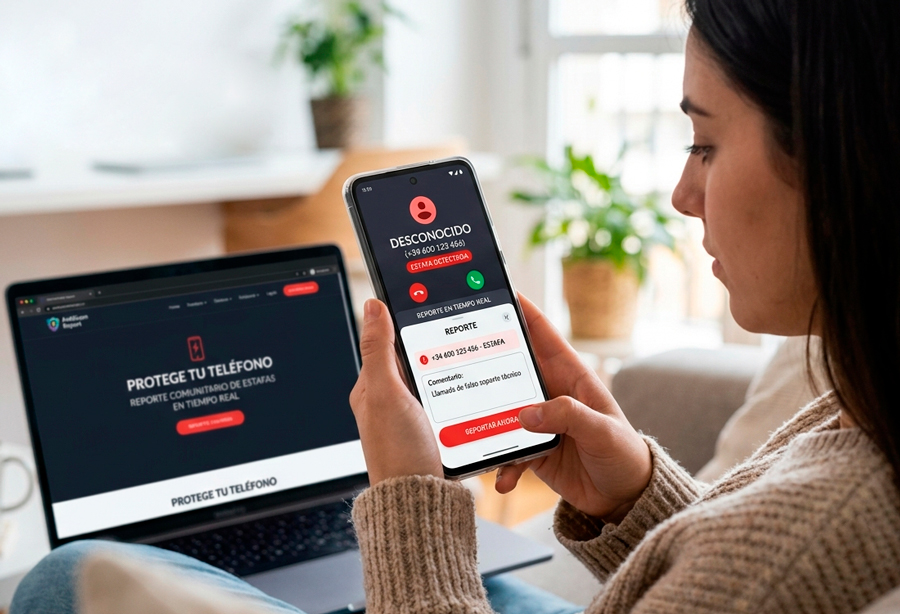 Persona utilizando una app para reportar números de estafadores mientras recibe una llamada sospechosa en su teléfono móvil.