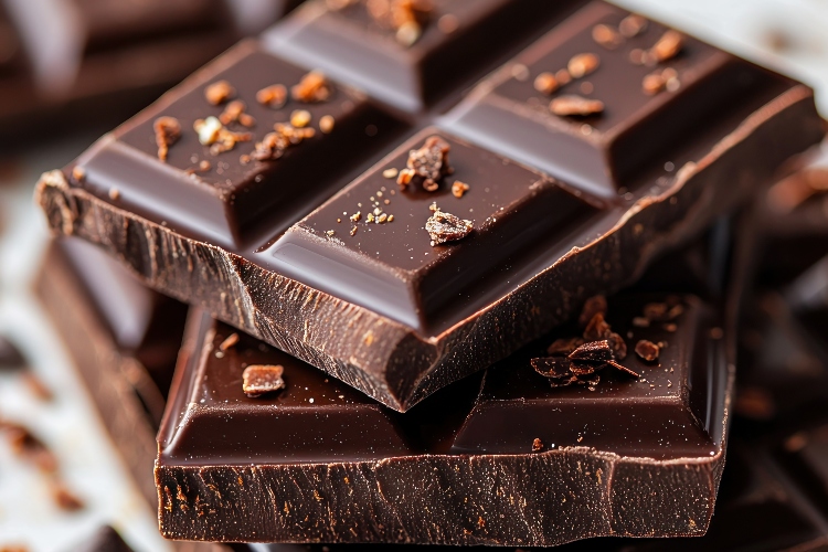 Dark chocolate bars stacked on marble with cocoa nibs