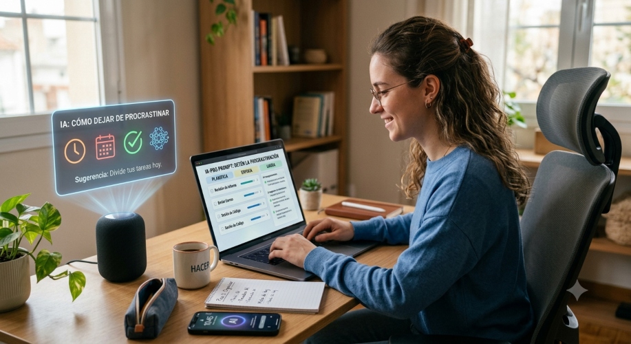 Persona utilizando un asistente de inteligencia artificial para organizar tareas diarias y reducir la procrastinación mediante un plan de productividad.