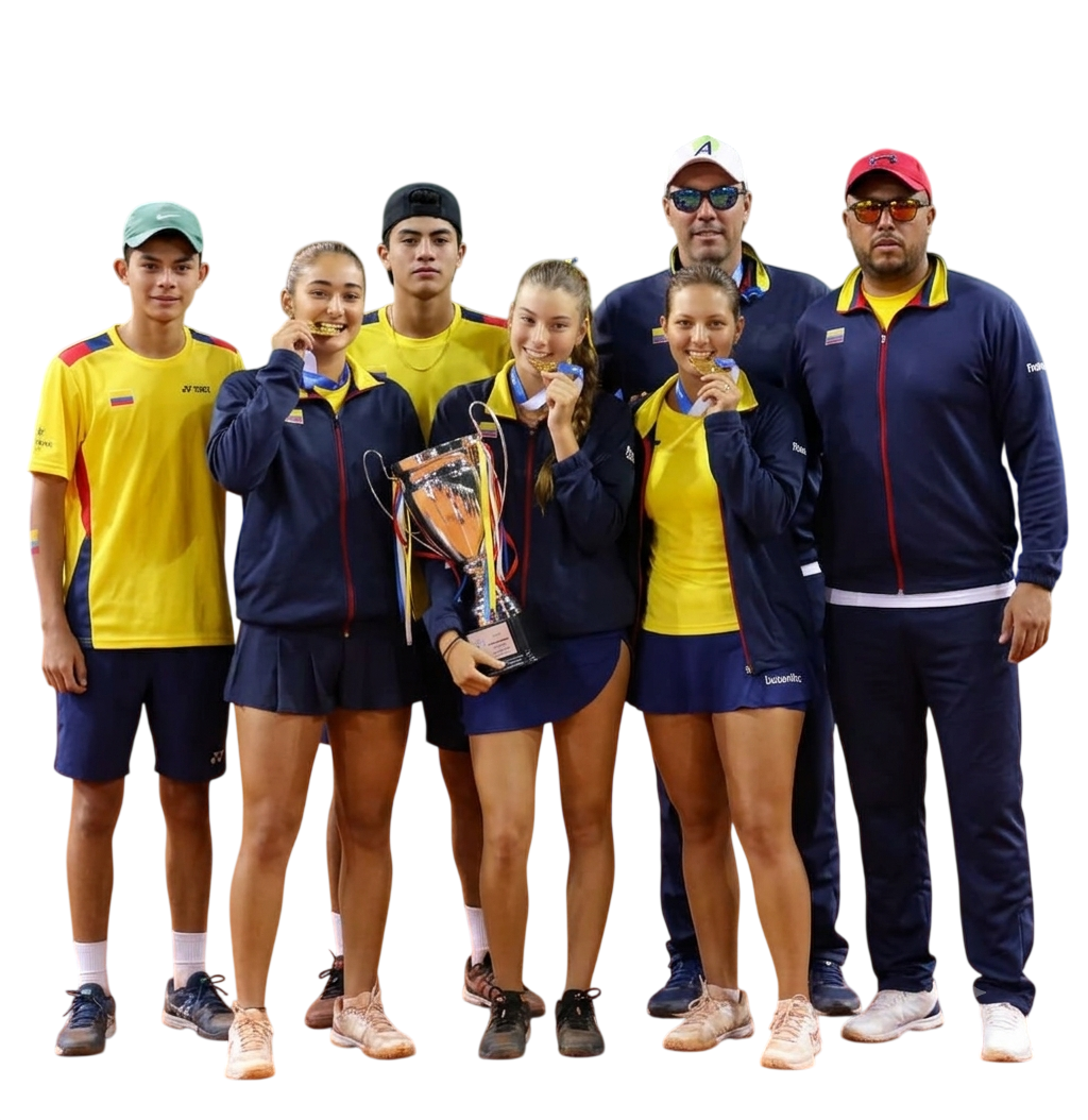 F1 Alex Pérez, Alicia Londoño, Samuel Pedraza, Emanuela Linares y Sara Lozano, deportistas; Carlos Salamanca y Carlos Núñez, entrenadores.