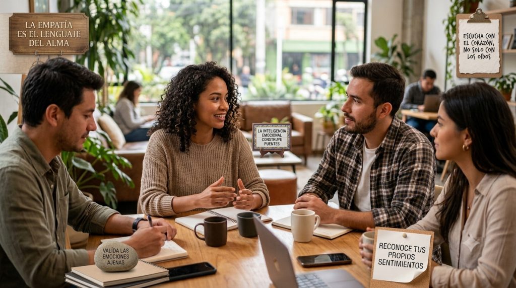 Dos personas conversando con empatía mientras practican frases de inteligencia emocional para resolver un conflicto de manera respetuosa.