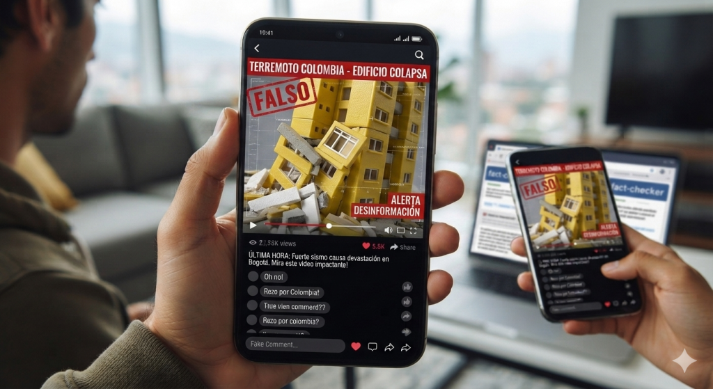 Celular mostrando videos virales sobre el terremoto de Colombia mientras un usuario verifica su autenticidad.