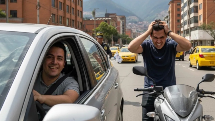 Un motociclista destruye el retrovisor de un carro tras omitir un semáforo en rojo en Bogotá