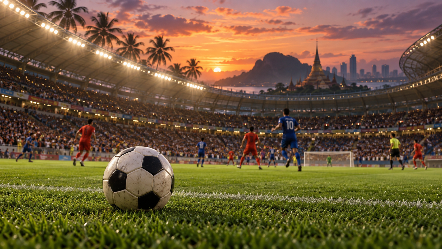 Ilustración de un balón en un estadio del Sudeste Asiático al atardecer.