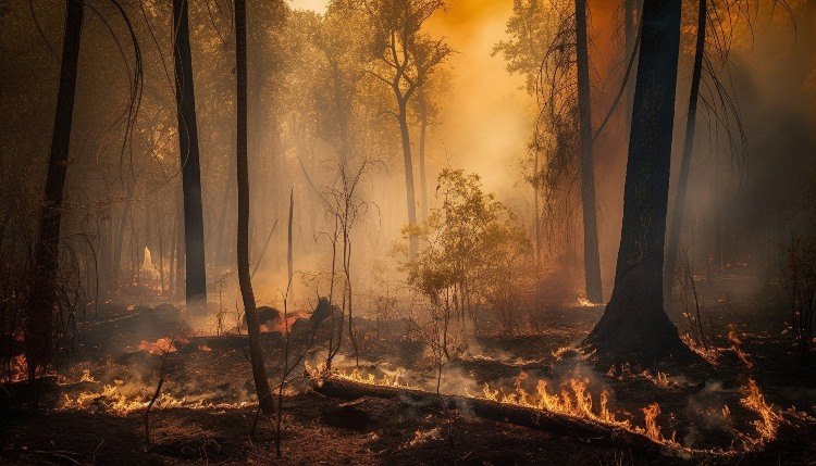 Burning forest in autumn, heat and mystery generated by artificial intelligence